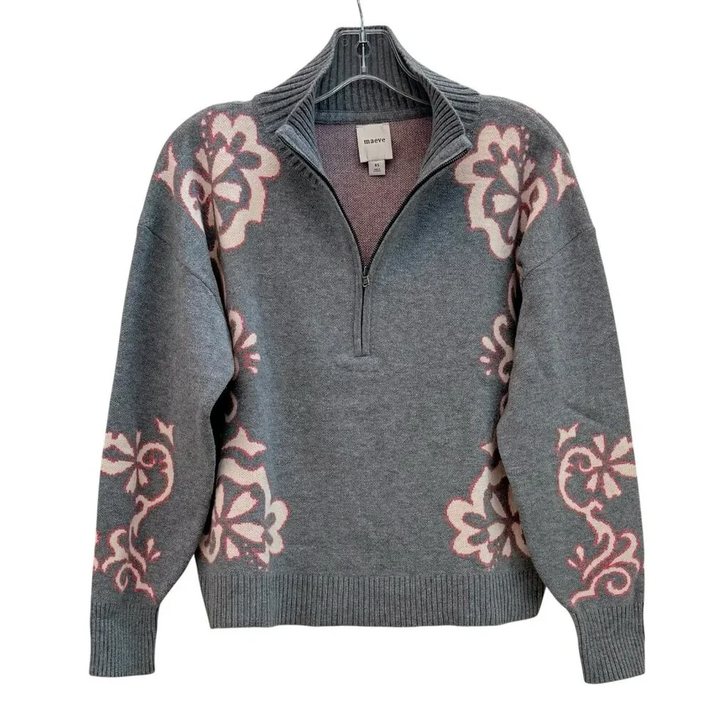 Anthropologie Montana Mock Neck Sweater Maeve Half Zip Up Grey Pink Womens XS - Picture 4 of 11